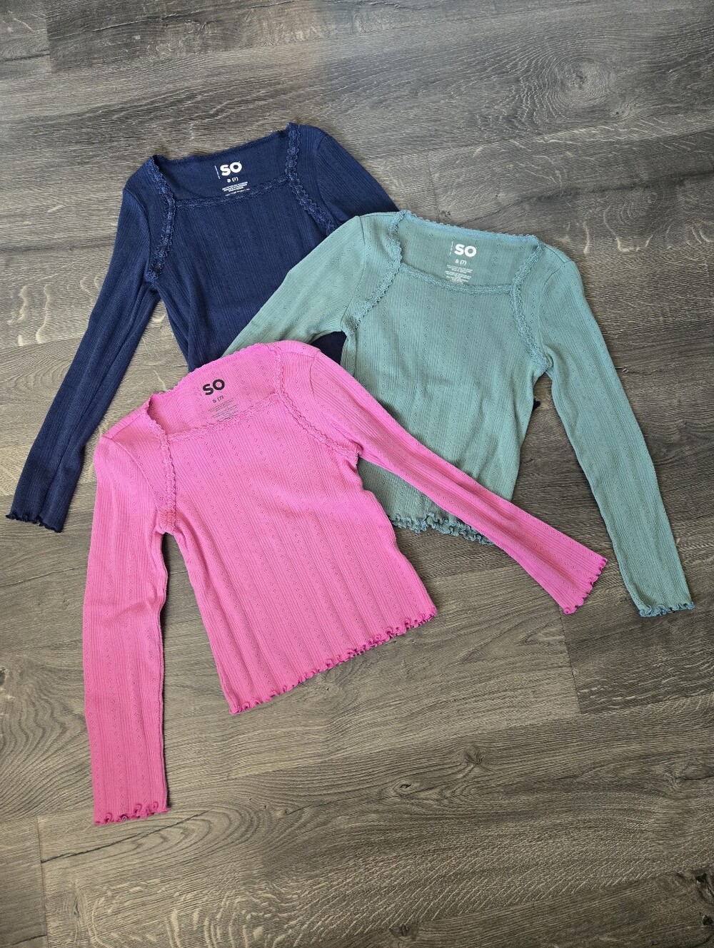 SO Trio of Ribbed Lettuce-Edge Long-Sleeve Tops in Pink, Teal, Navy